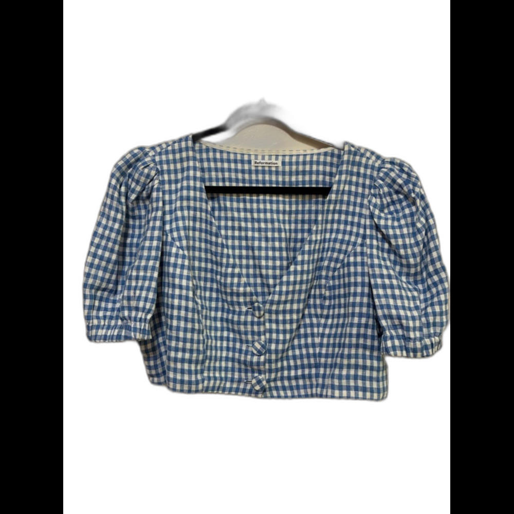 Reformation Ethel Two Piece Set Blue Gingham Mini Skirt Puff sleeve crop top 12